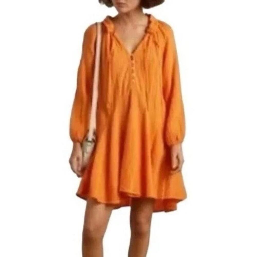 NWT Magaschoni thigh length full sleeve button up orange‎ cream dress Size M